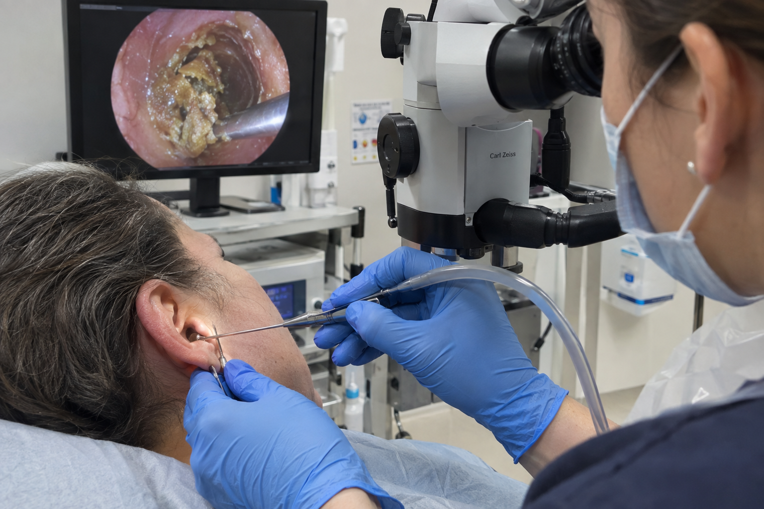 Clinician performing ear microsuction wax removal