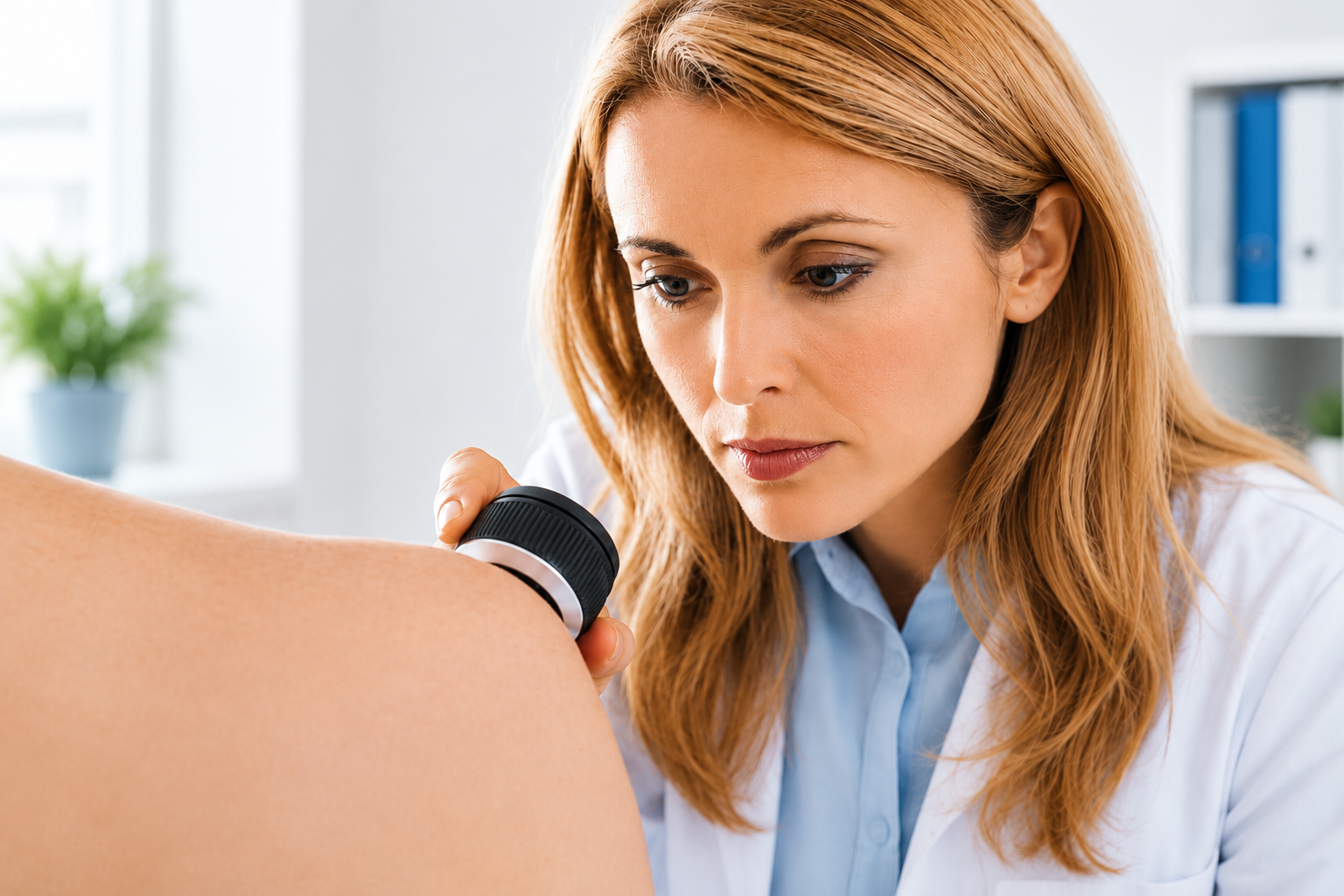 Clinician examining a mole with a dermatoscope