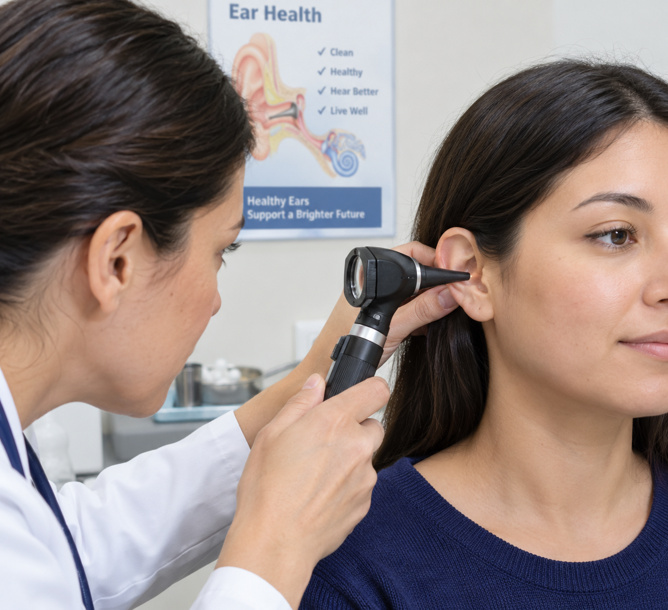 Clinician examining a patient's ear health